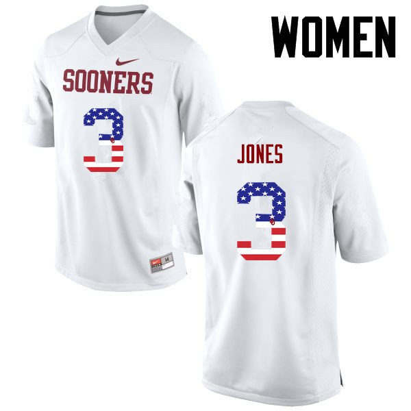Women Oklahoma Sooners #3 Mykel Jones College Football USA Flag Fashion Jerseys-White - Click Image to Close